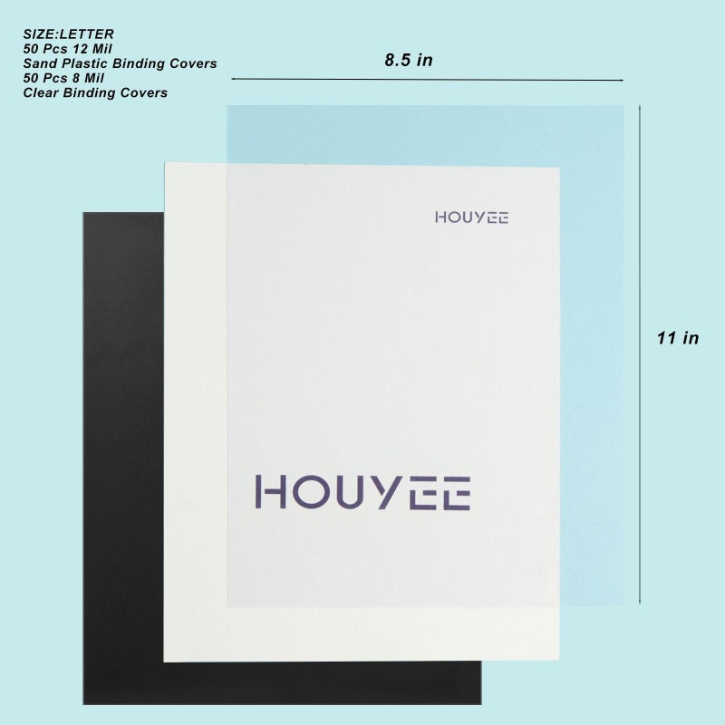 HOUYEE 100 Pack Binding Covers Set, 8.5x11 Inches, Including 50 Pcs 8 Mil Clear Binding Covers, 50 Pcs 12 Mil Black Sand Plastic - Image 3